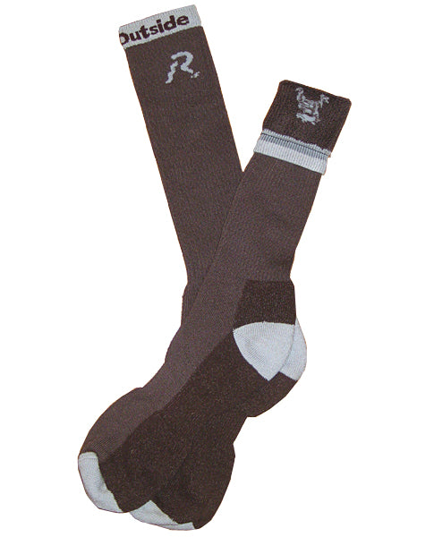 Dark brown winter socks with light gray heel/toe and white cuff stripe; outside tag