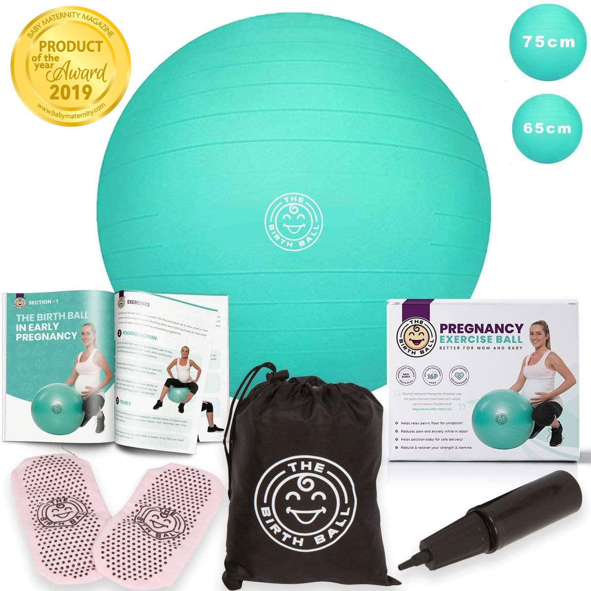 Teal pregnancy exercise birth ball with included accessories and drawstring storage bag