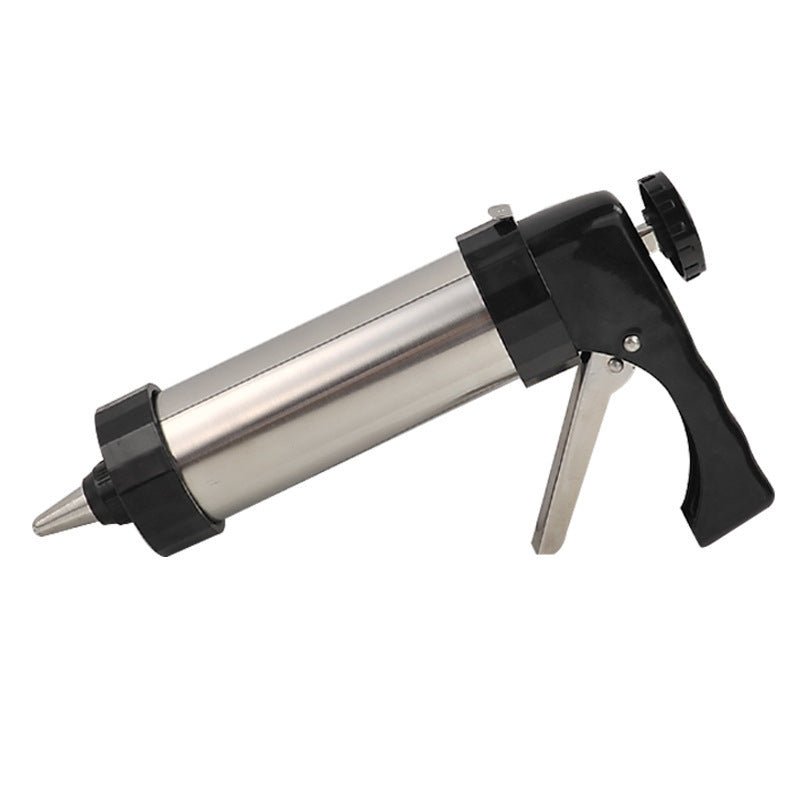 Stainless steel cookie gun with black handle and trigger, front view
