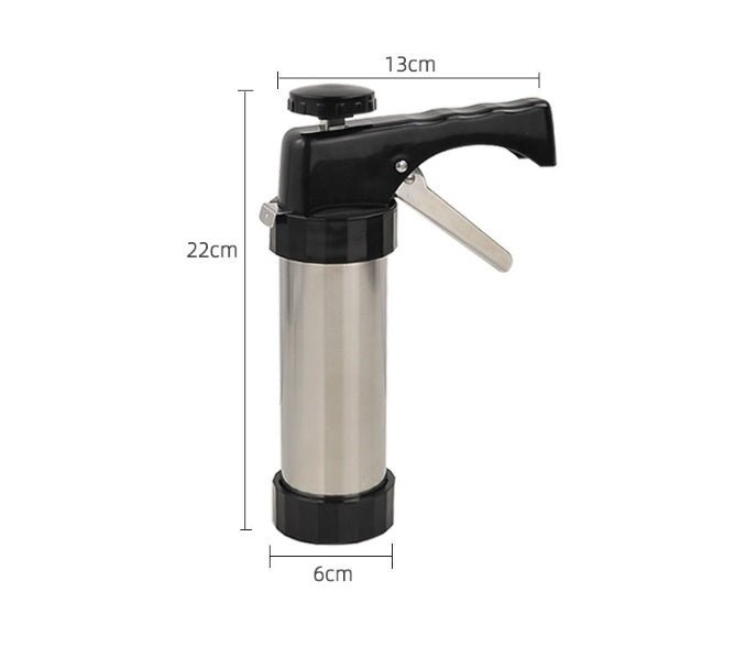 Biscuit machine size diagram: stainless canister with black top handle