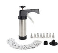Stainless steel cookie press with patterned discs and metal decorating tips