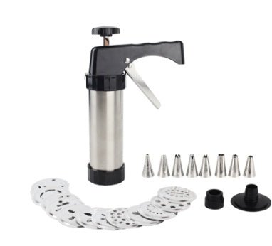 Stainless steel cookie press with patterned discs and metal decorating tips