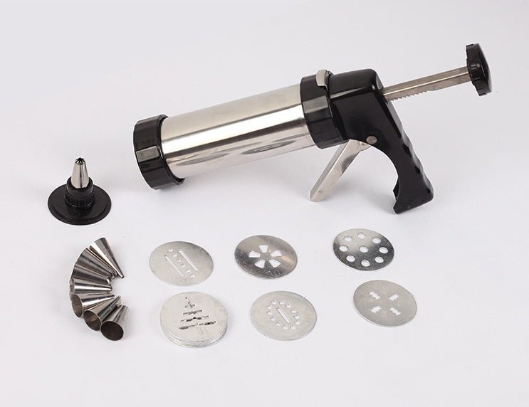 Cookie gun with stainless barrel and selection of metal discs and nozzles