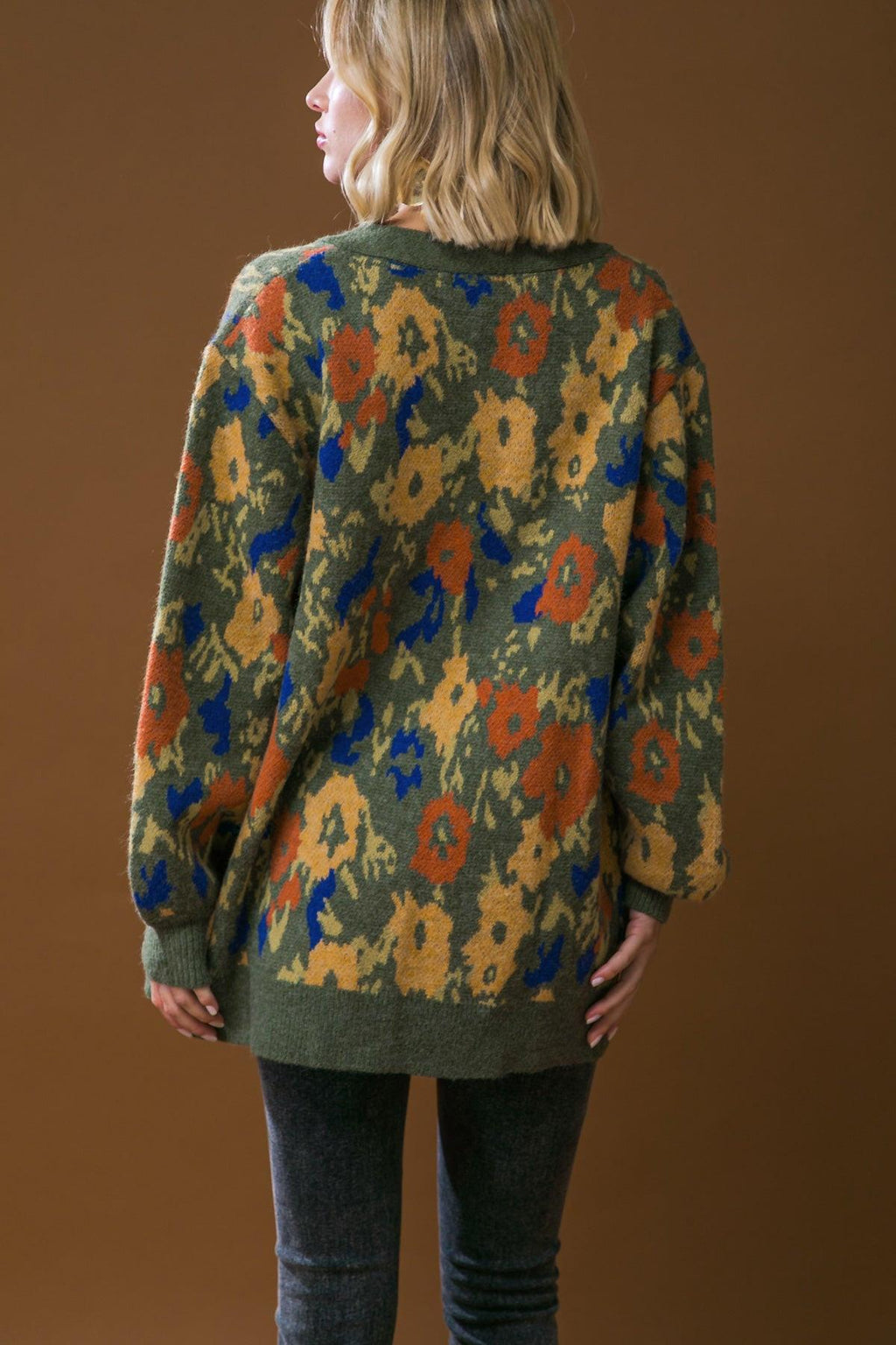 Olive patterned cardigan with V-neck back view, multicolor abstract motif