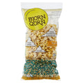 BjornQorn classic popcorn pouch with yellow logo and visible popped corn