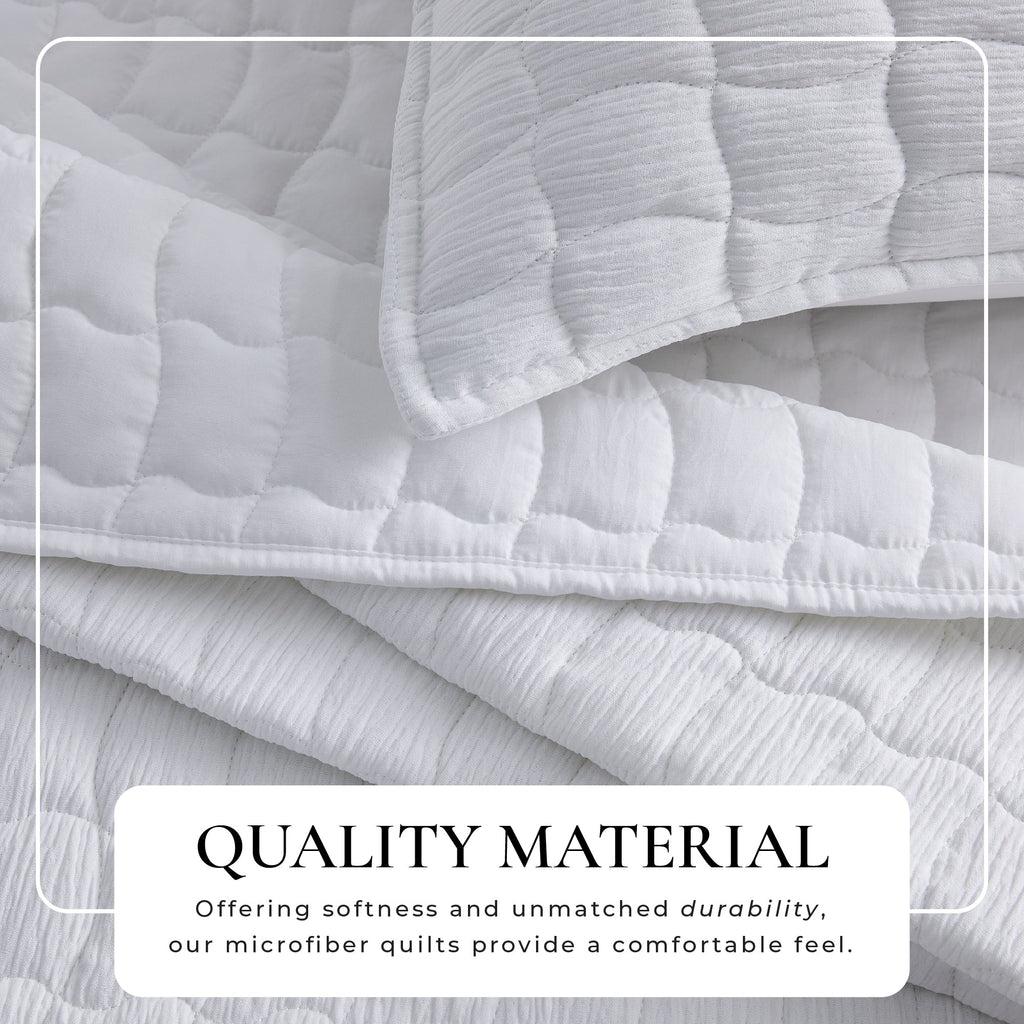 Wave-stitch gauze quilt set, white quilt with quilted squares and layered look