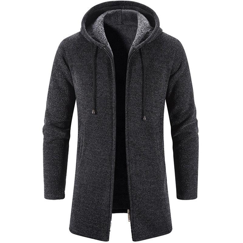 Men's hooded overcoat jacket in dark gray/black with drawcords and contrast hood lining