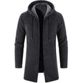 Men's hooded overcoat jacket in dark gray/black with drawcords and contrast hood lining