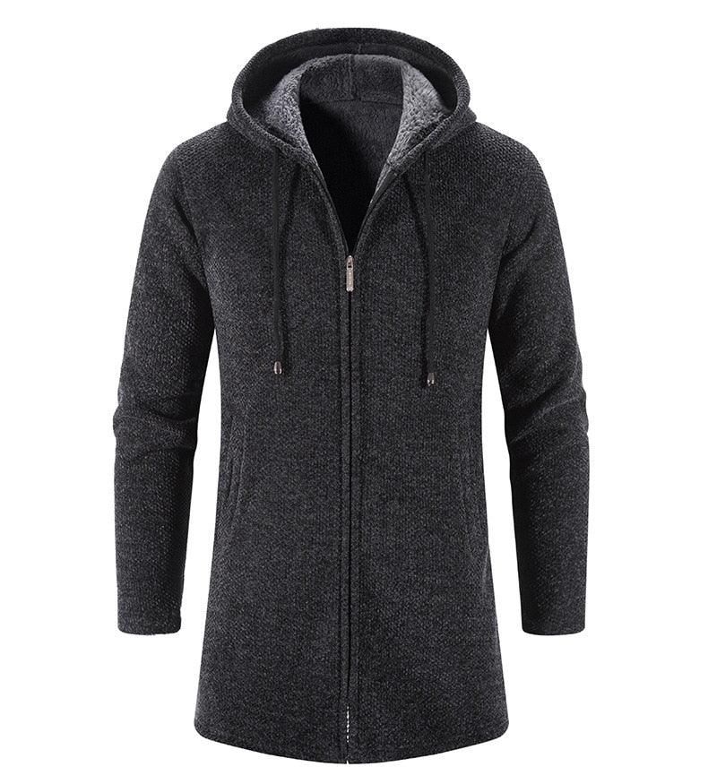 Men's dark gray hooded long zip jacket with drawstring hood and long sleeves