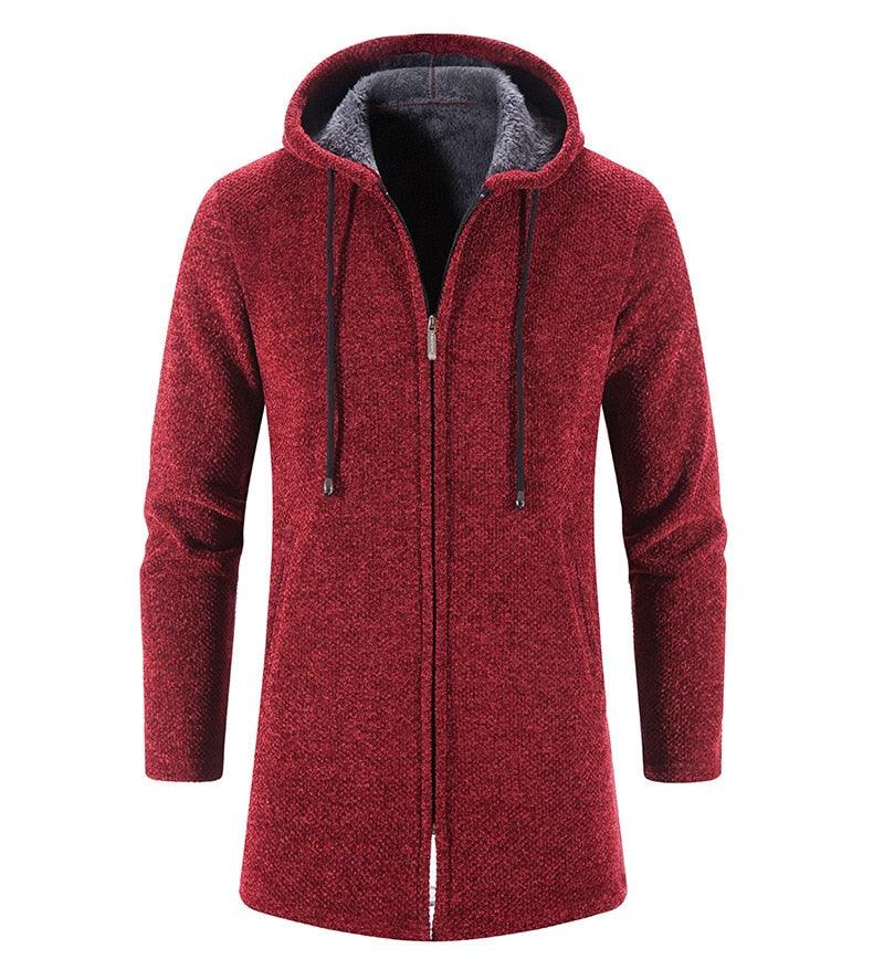 Men's hooded cashmere jacket in wine red, full zip with drawstring pulls