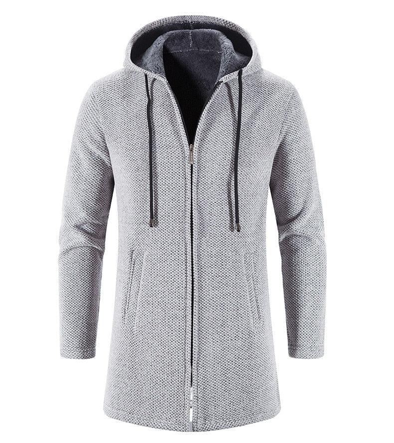 Men's light gray hooded long zip jacket with drawstring hood and front zipper