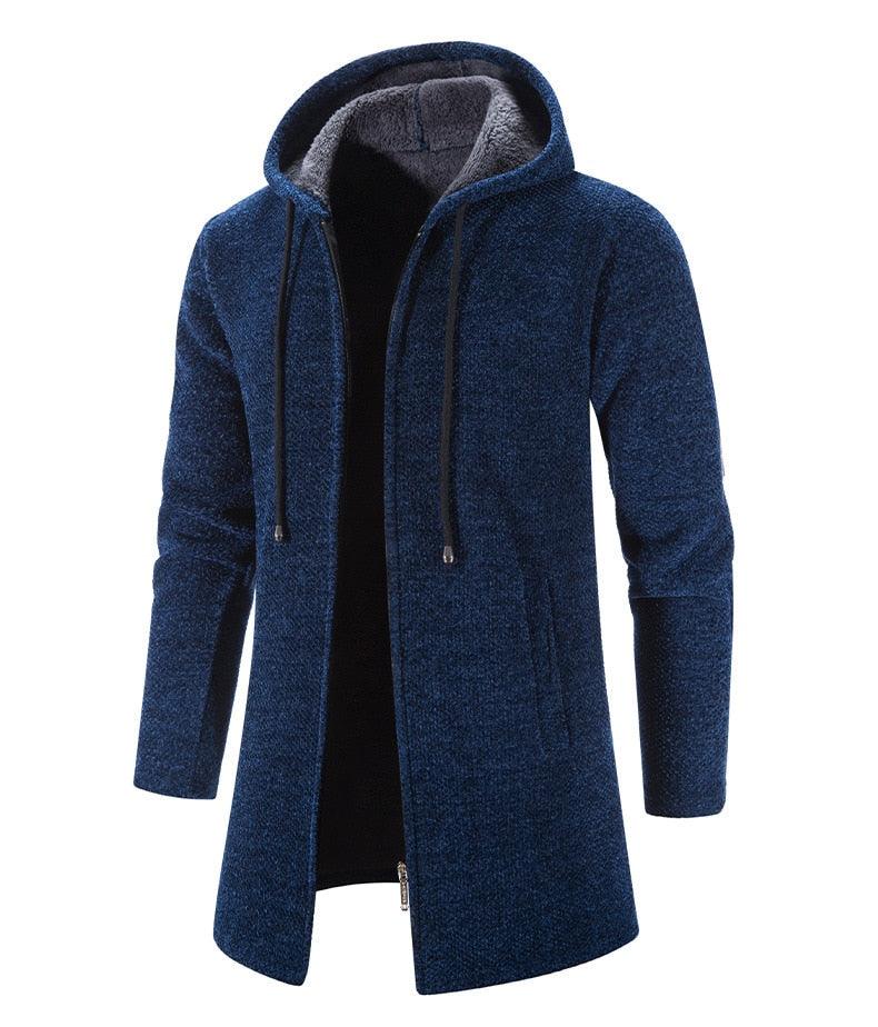 Men's navy hooded long zip jacket with drawstring hood and long sleeves