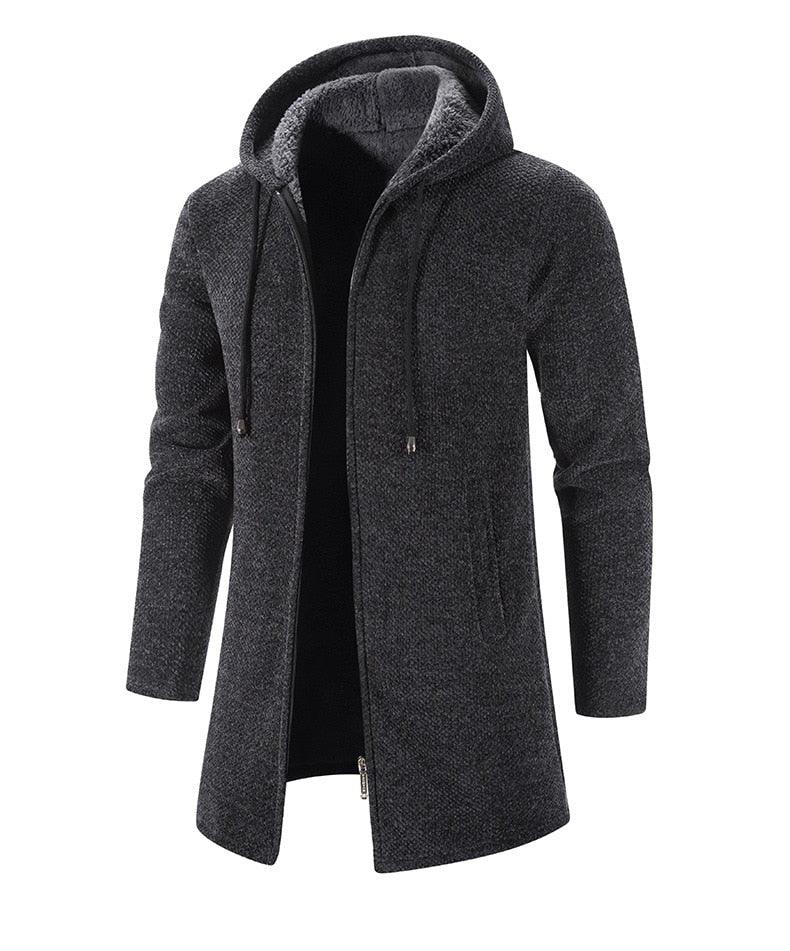 Men's dark gray hooded long zip jacket with drawstring hood and front zipper