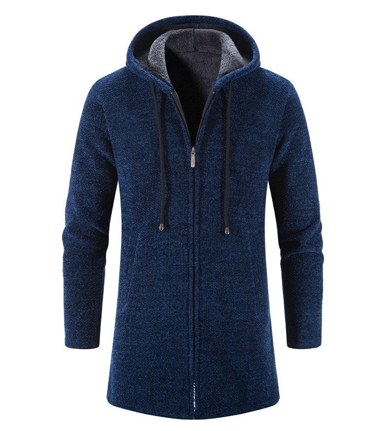 Men's navy hooded long zip jacket with drawstring, long sleeves, and side pockets