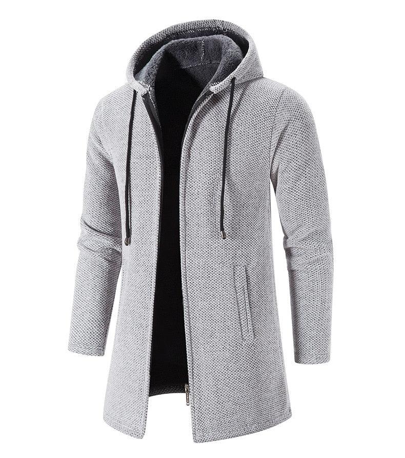 Men's light gray hooded long zip jacket with drawstring, long sleeves, and front zipper