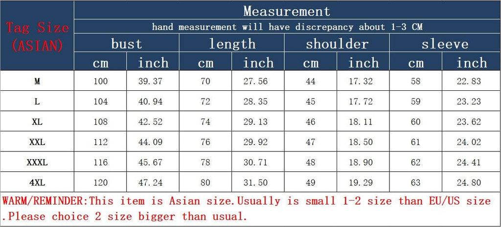 Men's jacket size measurement chart with bust, length, shoulder, and sleeve inches/cm