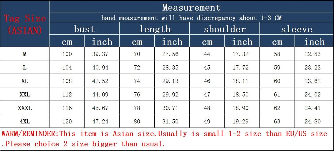 Men's jacket size measurement chart with bust, length, shoulder, and sleeve inches/cm