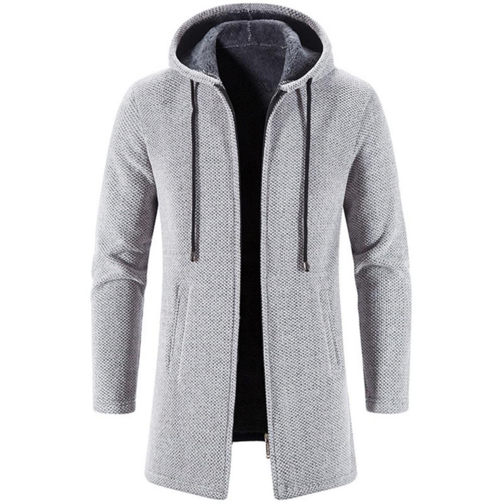 Men's hooded overcoat jacket in light gray with drawcords and dark interior placket