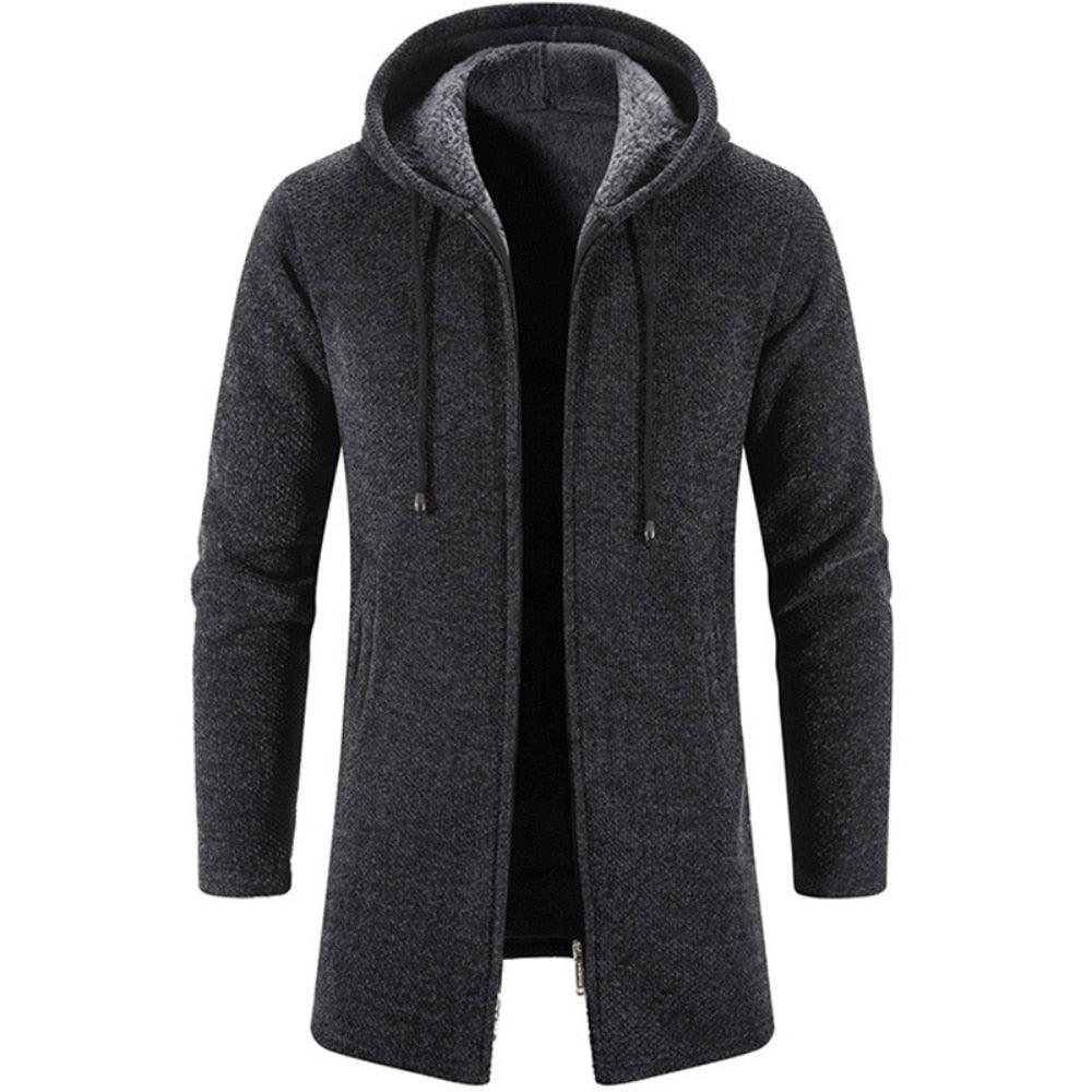 Men's hooded overcoat jacket in dark gray with drawcords and contrast hood lining