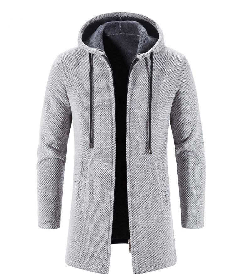 Men's light gray hooded long zip jacket with drawstring and long sleeves