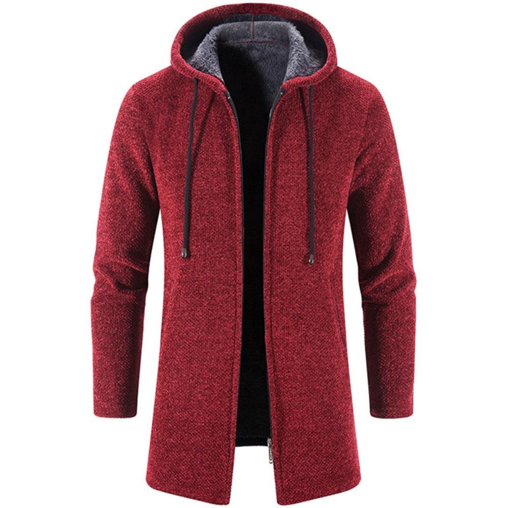 Men's hooded overcoat jacket in wine red with drawcords and contrast hood lining