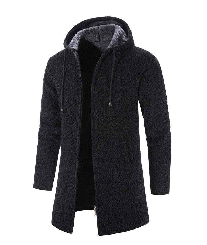 Men's black hooded long zip jacket with drawstring hood and side pocket openings