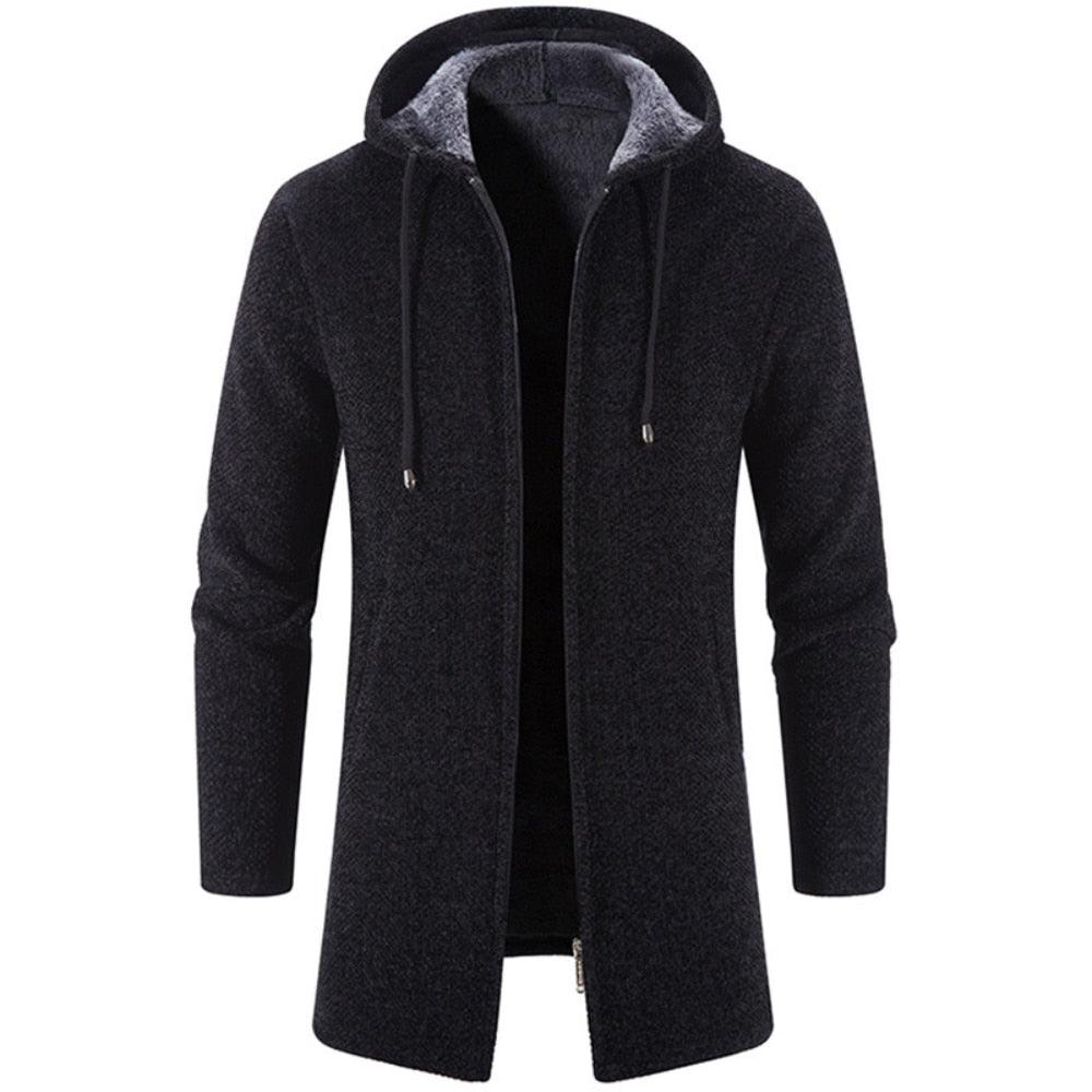 Men's hooded overcoat jacket in dark gray/black with drawcords and contrast gray lining