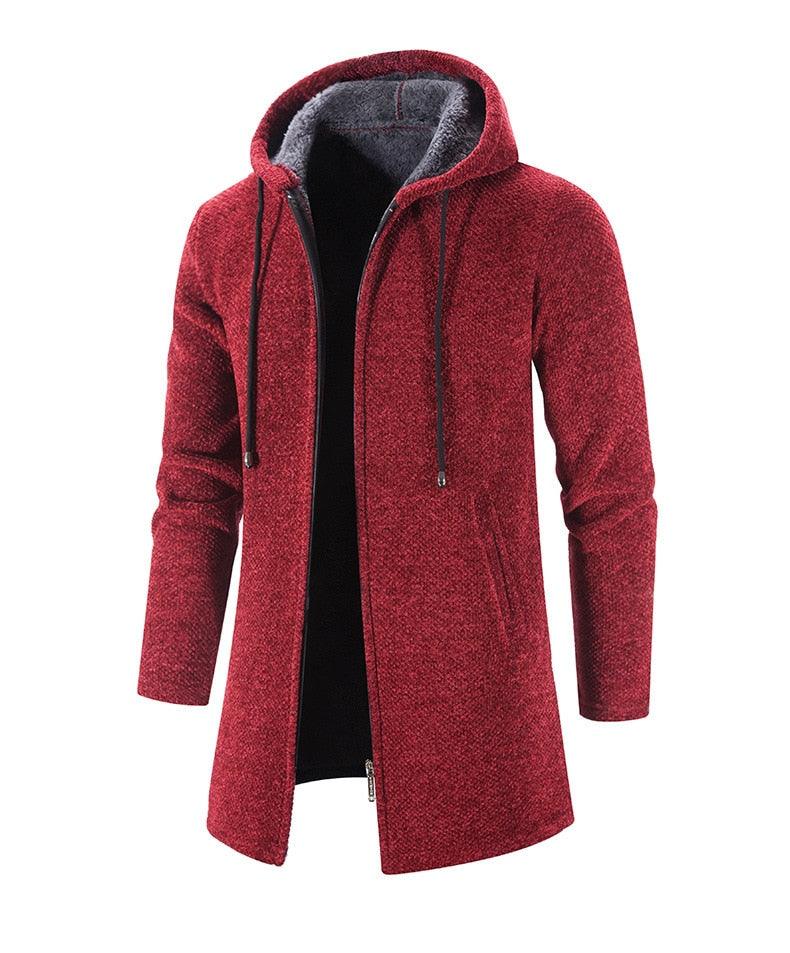 Men's hooded cashmere jacket in wine red, front full-zip with drawstring hood