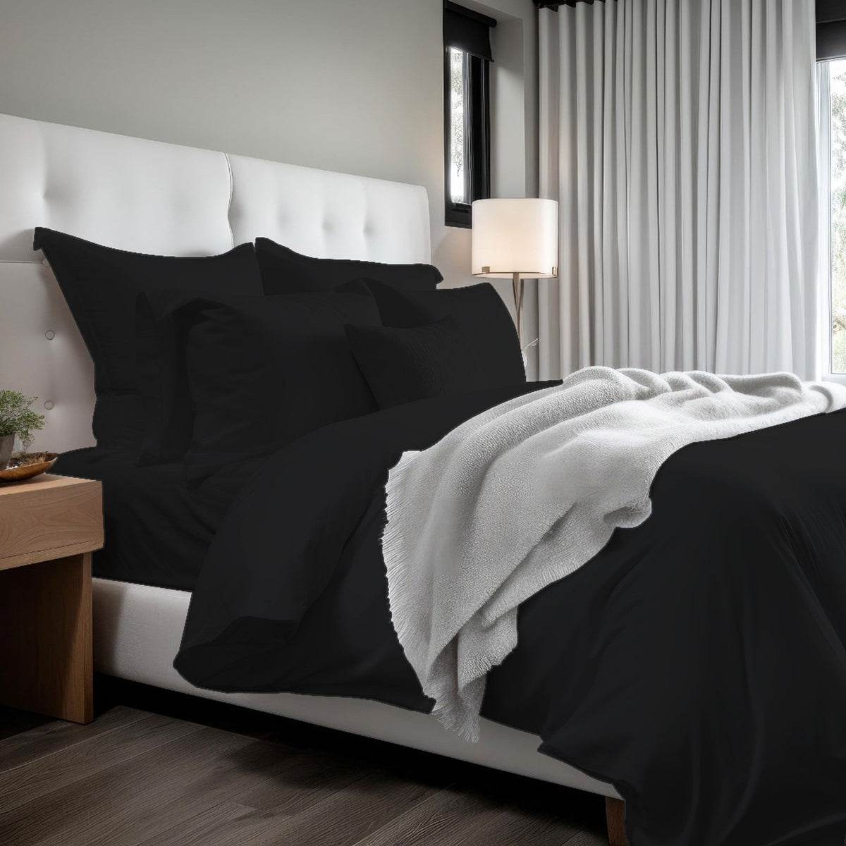 Cotton sateen solid duvet cover set in black with matching pillow shams