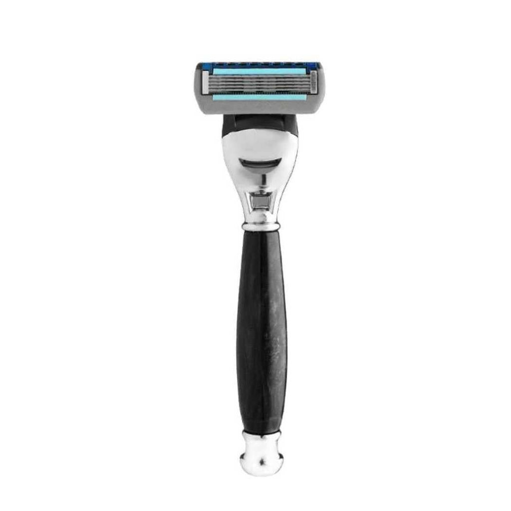 Cartridge razor with blue-and-orange 5-blade head and black handle