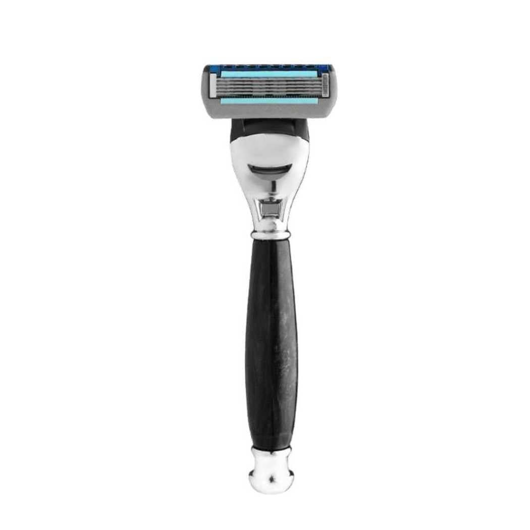 Cartridge razor with blue-and-orange 5-blade head and black handle