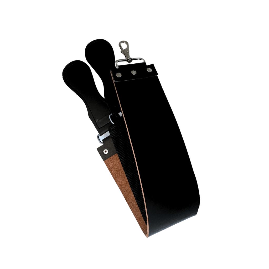 Black leather razor strop holder with two straps and buckle clips