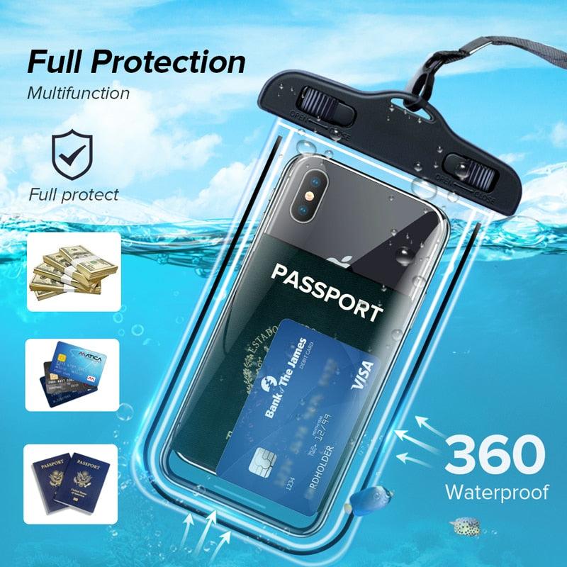 Waterproof phone pouch with clear front window, protective seals, and strap