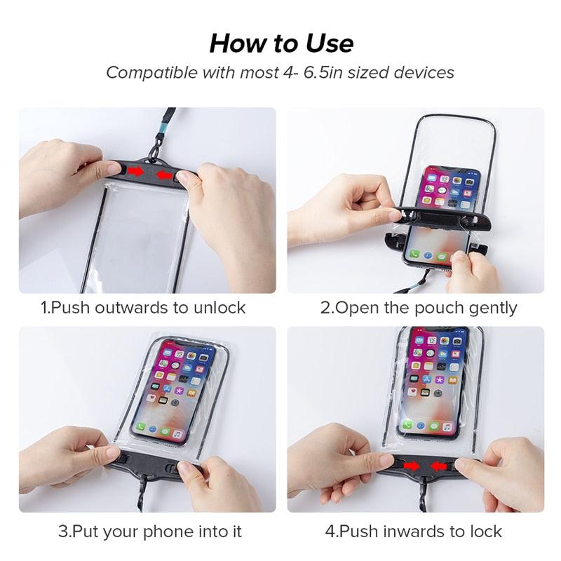 Phone pouch how-to: unlock, open, insert phone, then push to lock waterproof cover