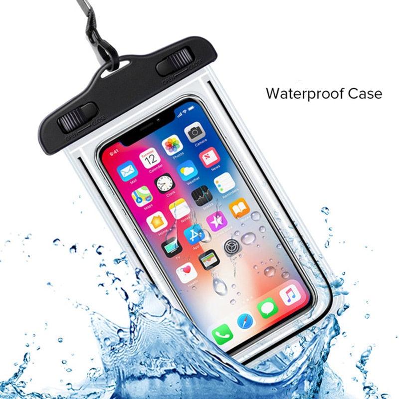 Transparent waterproof phone case pouch with black top buttons and water splashes