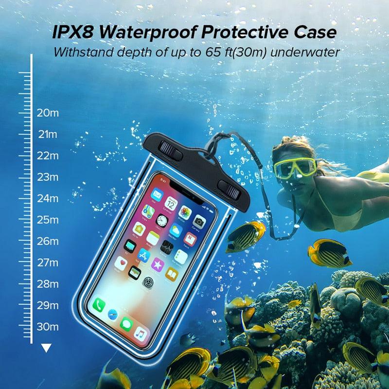 Black IPX8-style waterproof phone pouch with clear screen window and strap