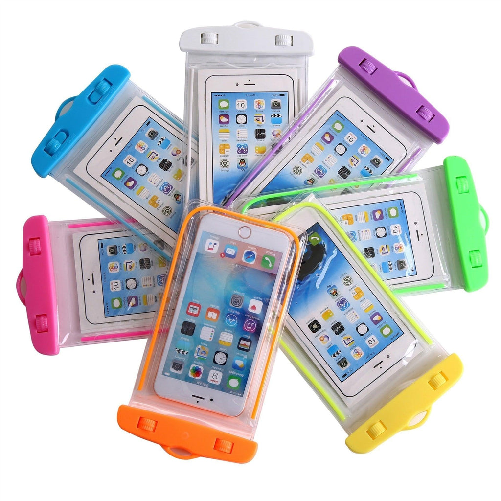 Waterproof phone pouch with clear window and snap strap, shown in multiple colors