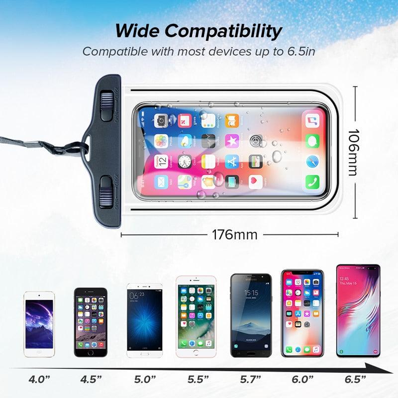 Black waterproof phone pouch with clear window, strap, and snap-style closure