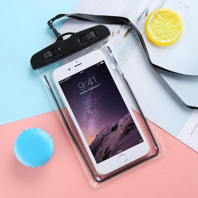 Black waterproof phone pouch with clear screen window and crossbody strap