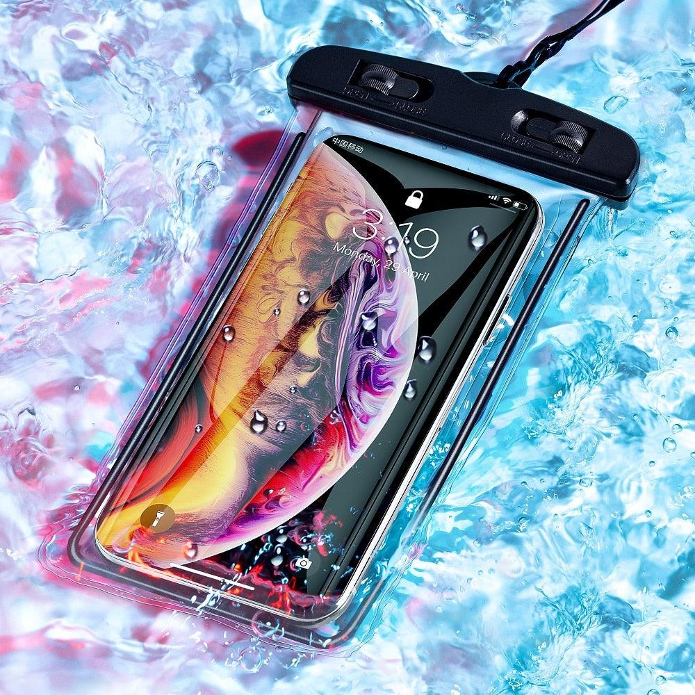 Black waterproof phone pouch with clear touch window and adjustable strap
