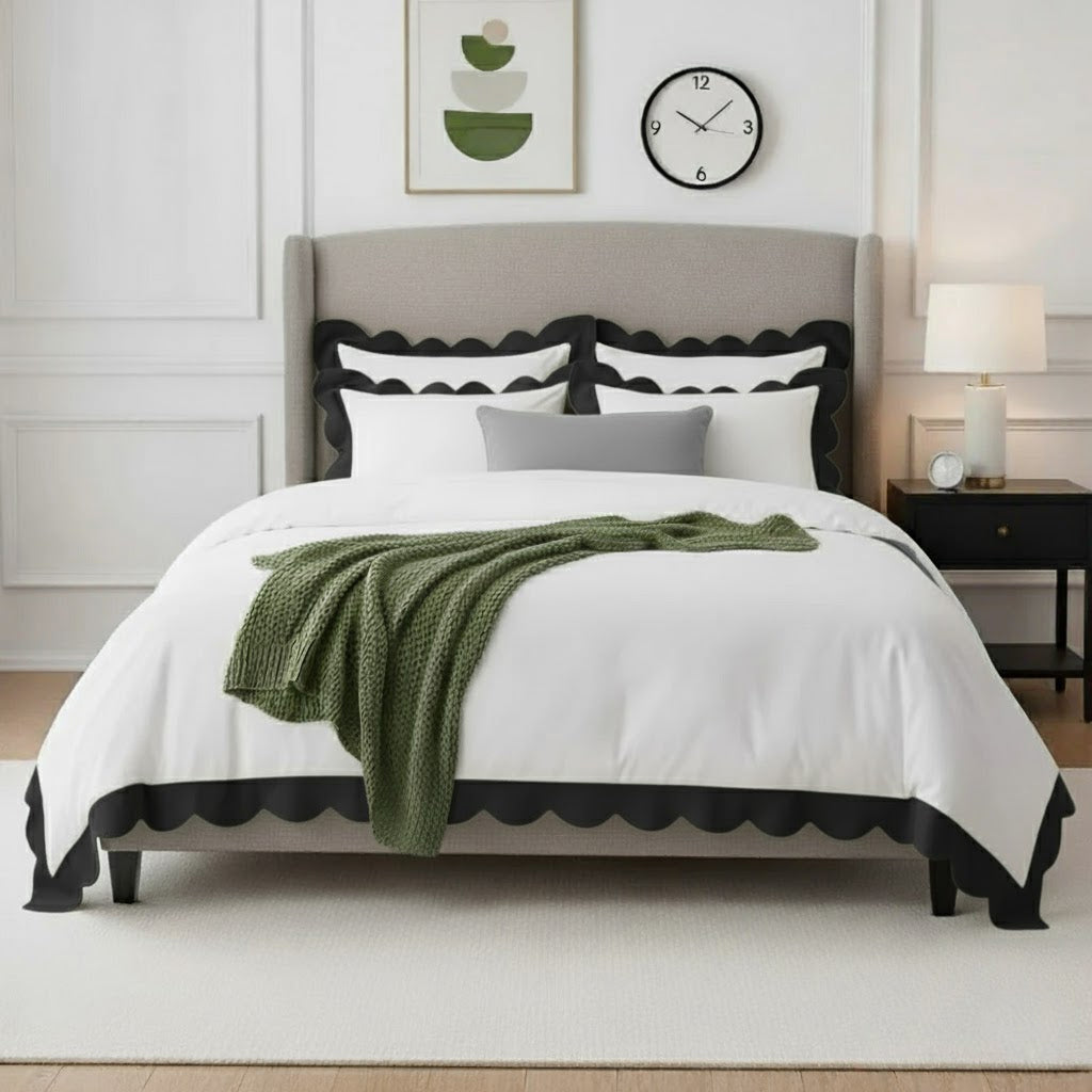 White duvet cover set with dark gray wavy scallop applique border and shams