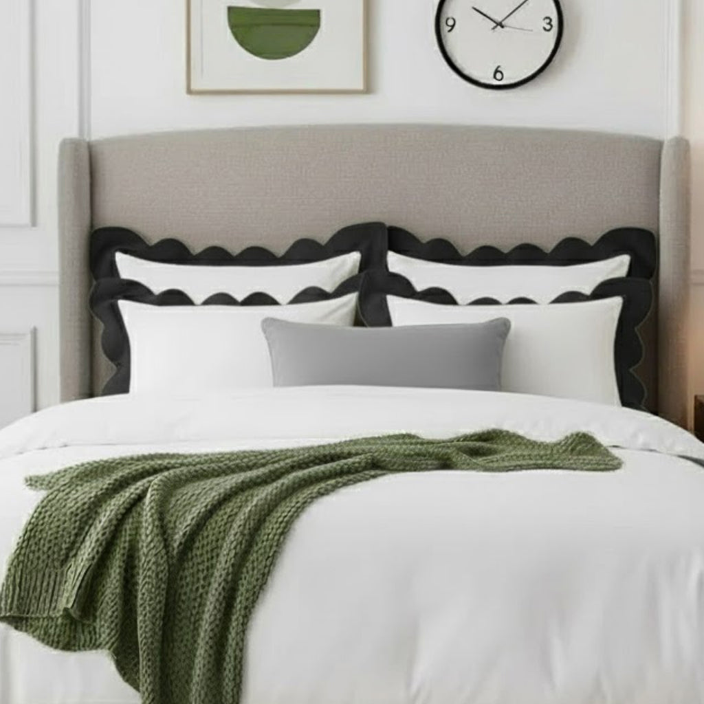 Cotton duvet cover set with white scalloped border and dark gray wavy applique embroidery