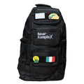 Black military backpack with front pocket panels, patches, and adjustable straps
