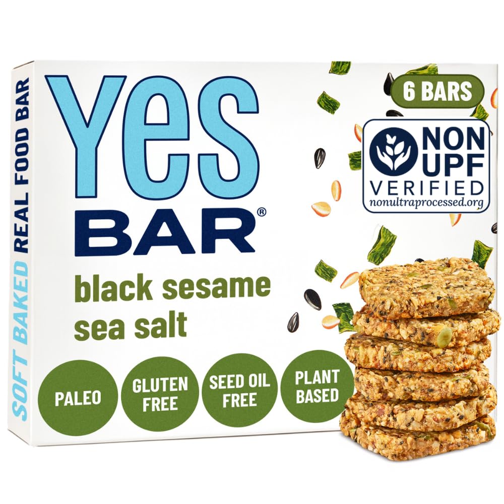 Black sesame sea salt six-pack bars with stacked bar view and vegan gluten-free badges