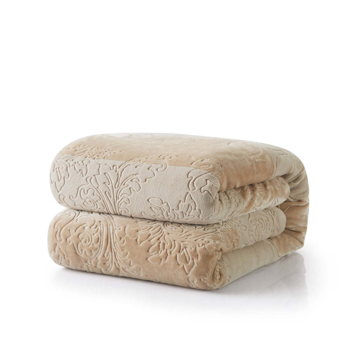 Stacked beige embossed sherpa throw blanket rolls with bubbly floral pattern
