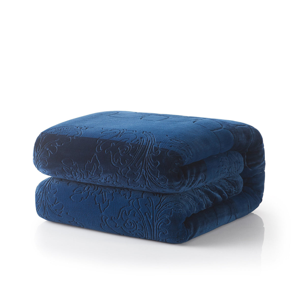 Tache night blue embossed throw blanket, folded with plush rolled shape