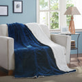Tache solid embossed night blue sherpa throw blanket with white sherpa trim