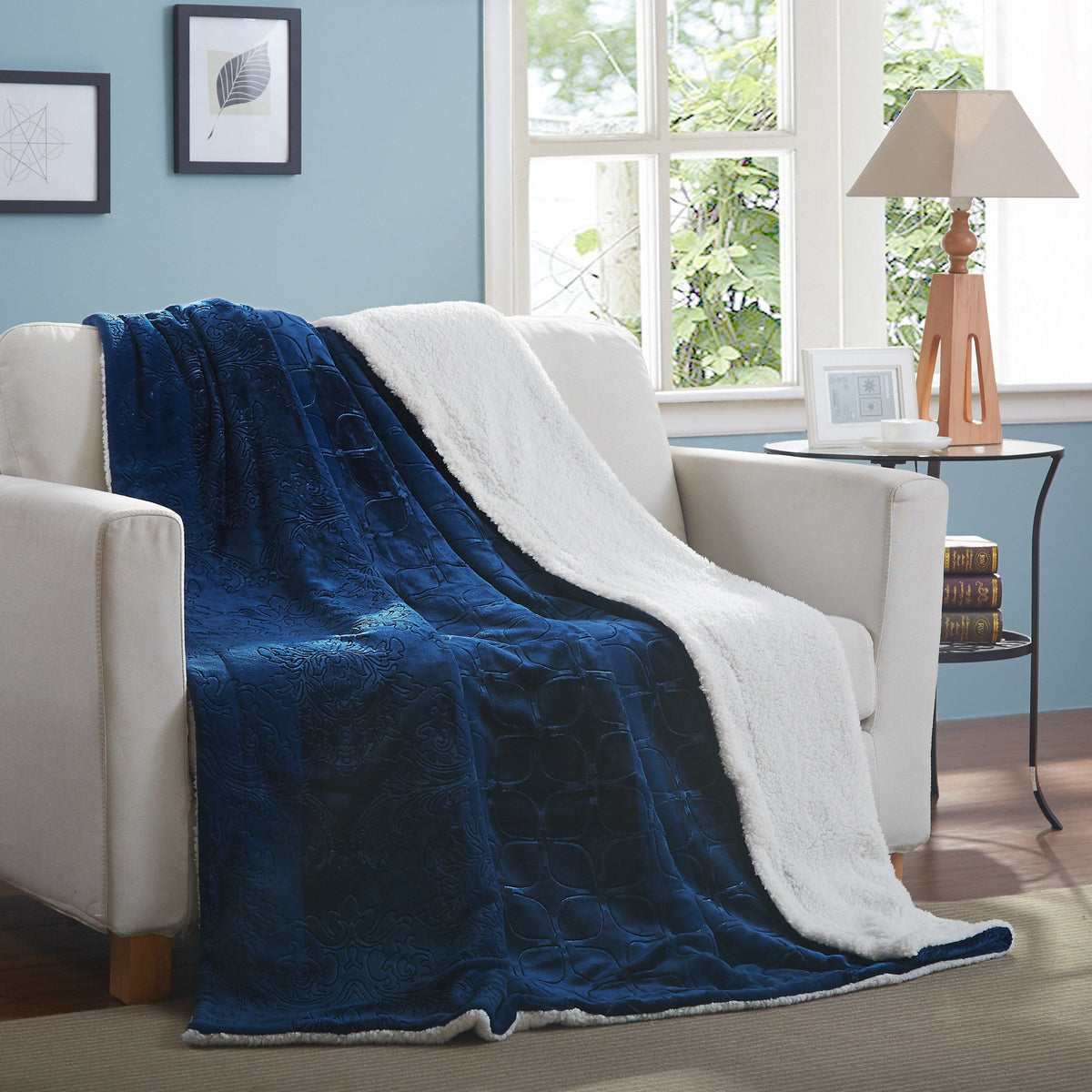 Tache solid embossed night blue sherpa throw blanket with white sherpa trim