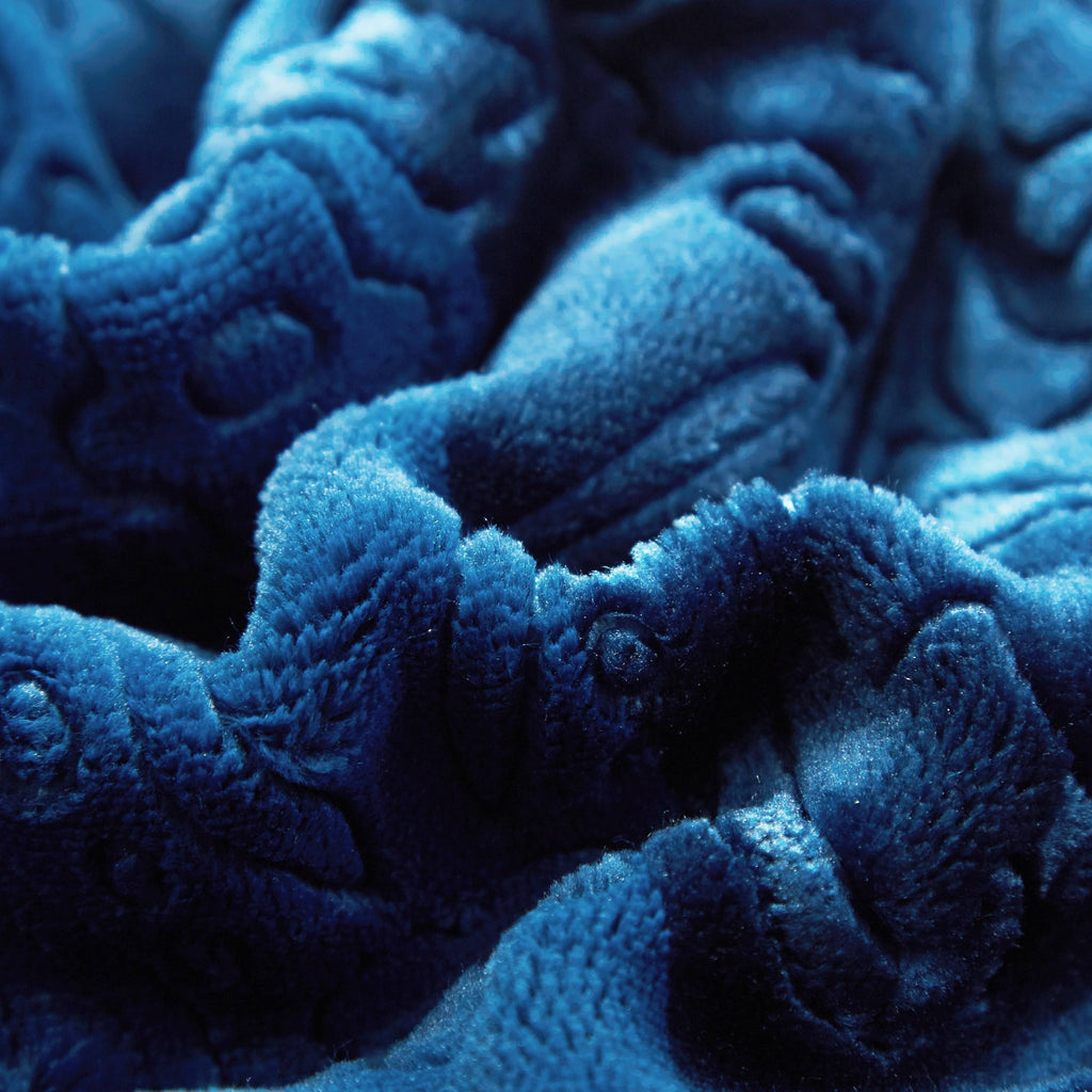 Tache plush sherpa throw blanket fabric in rich night blue embossed texture