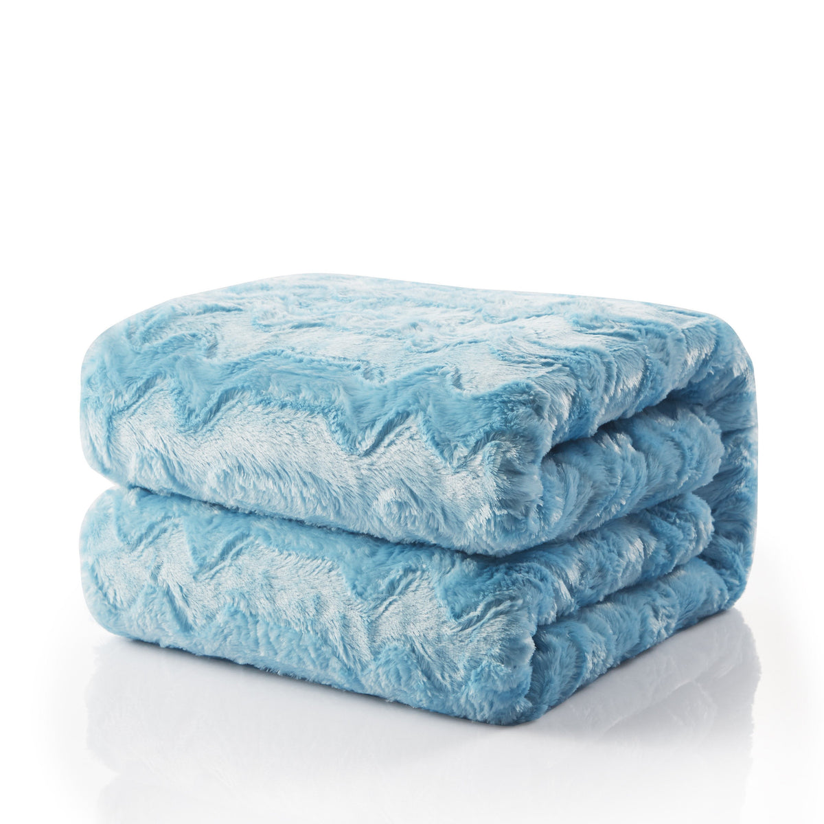 Blue faux fur throw blanket folded into two stacked layers